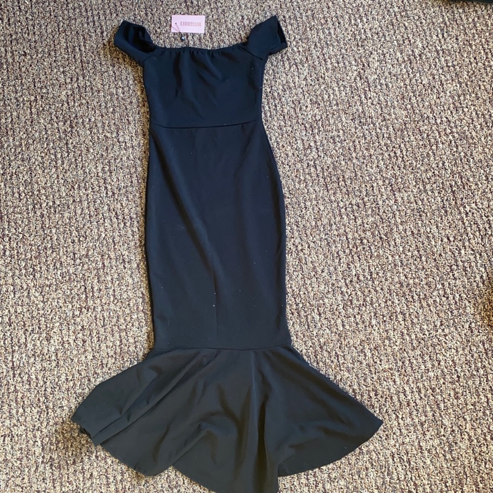 Black Bardot fishtail hem midi dress